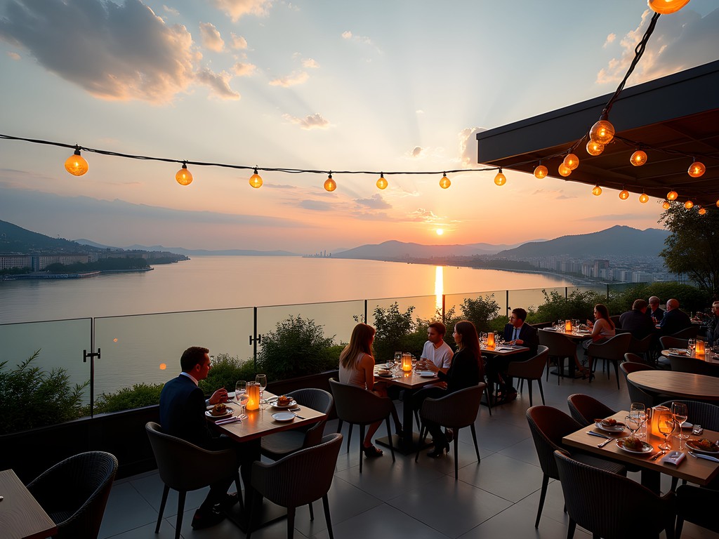 Elegant rooftop bar in Zurich with panoramic views of Lake Zurich at sunset