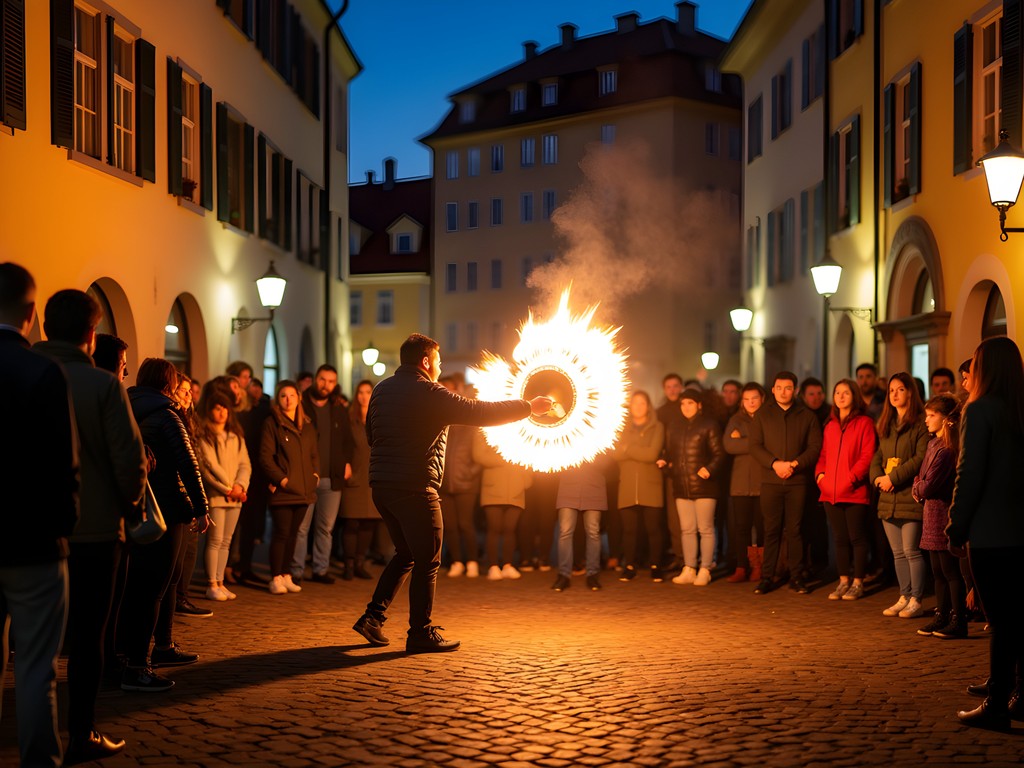Street performers entertaining crowds in Zurich's Niederdorf district at night