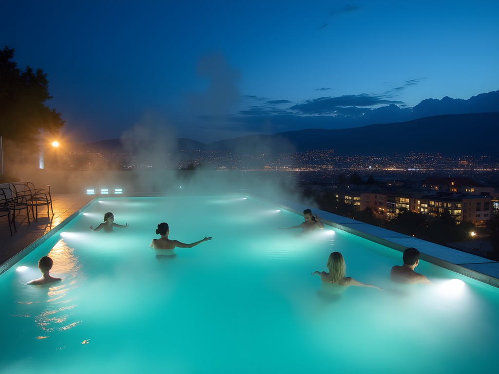 Rooftop thermal pool at night with Zurich city lights in background