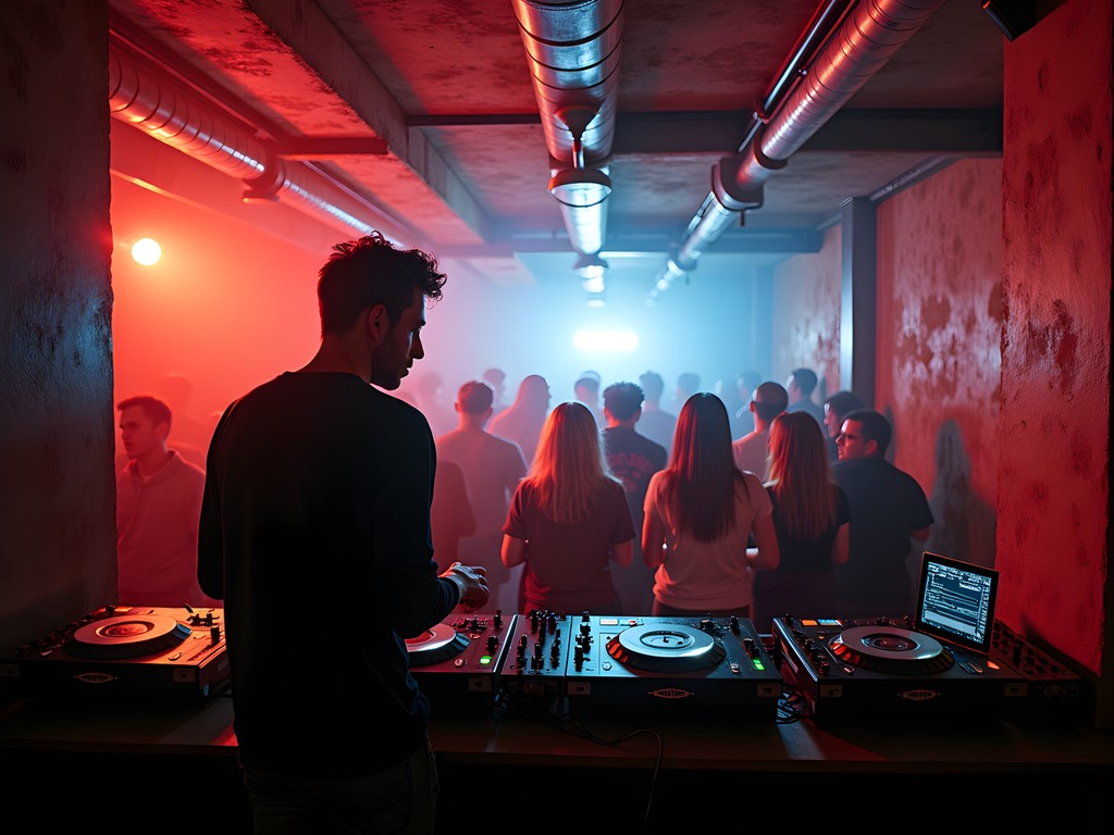 Atmospheric underground club in Zurich with DJ booth and dancing crowd