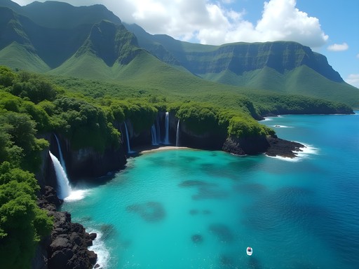 Aerial view of Fiji's Coral Coast showing fringing reefs and lush mountains