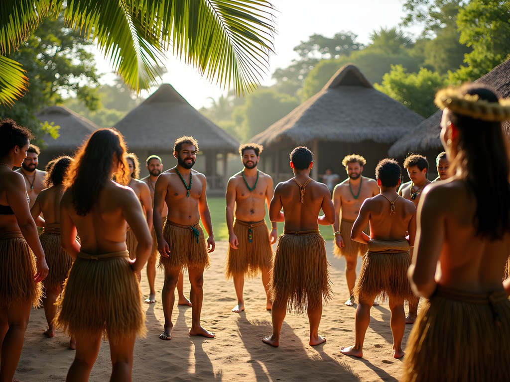 Traditional Fijian village welcome ceremony near waterfall site