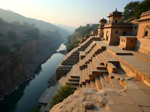 Ancient temples and stone ghats along Yamuna River at Bateshwar near Agra India