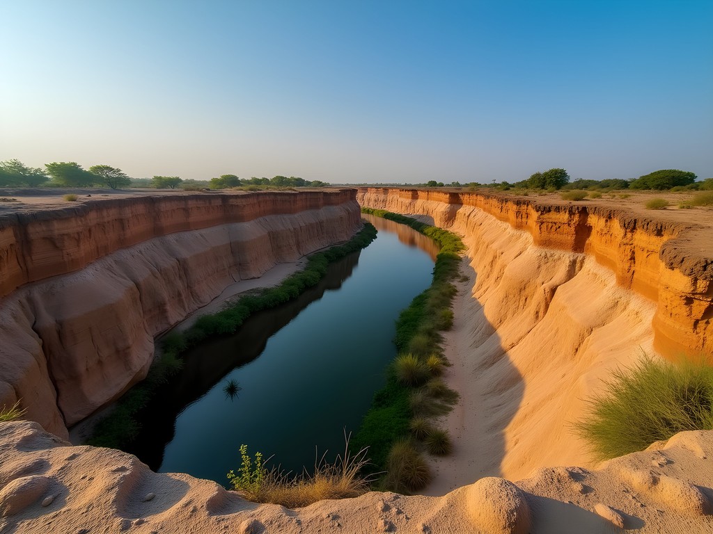 Dramatic eroded ravine cliffs along Chambal River near Agra India