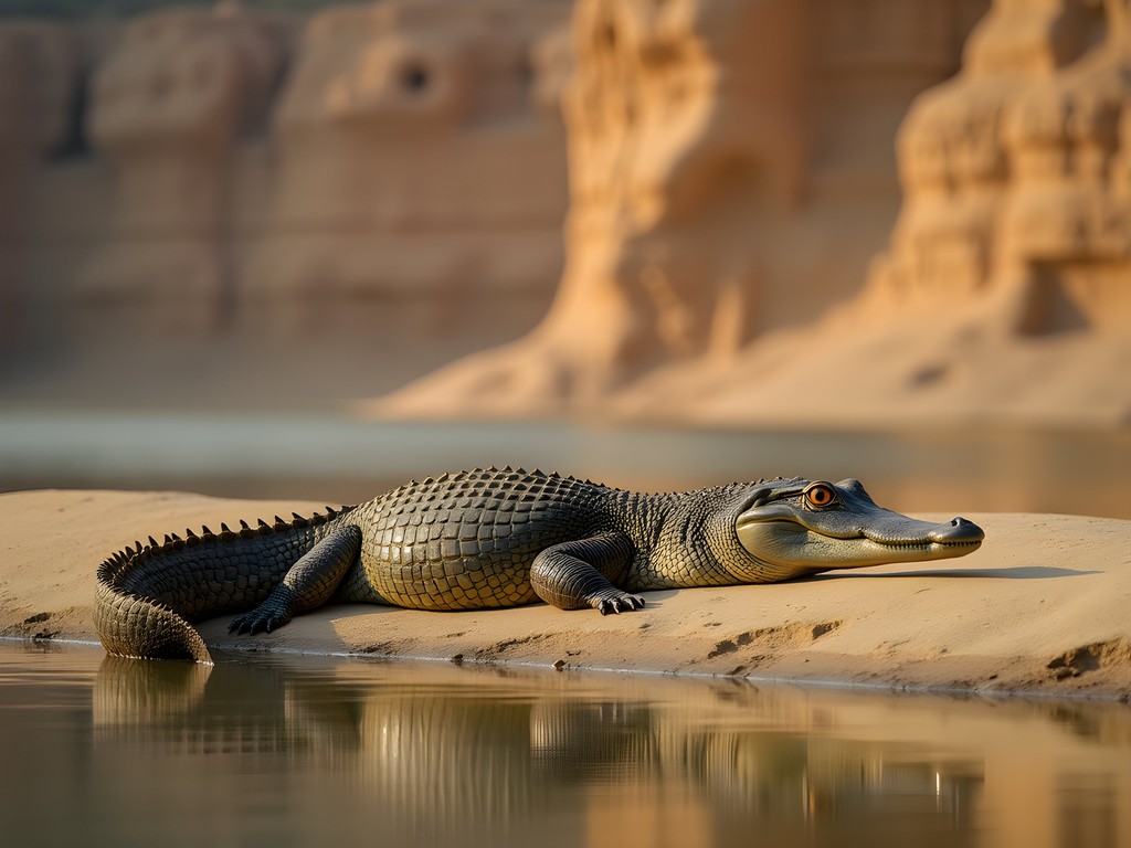 Gharial crocodile basking on sandbank in Chambal River near Agra India