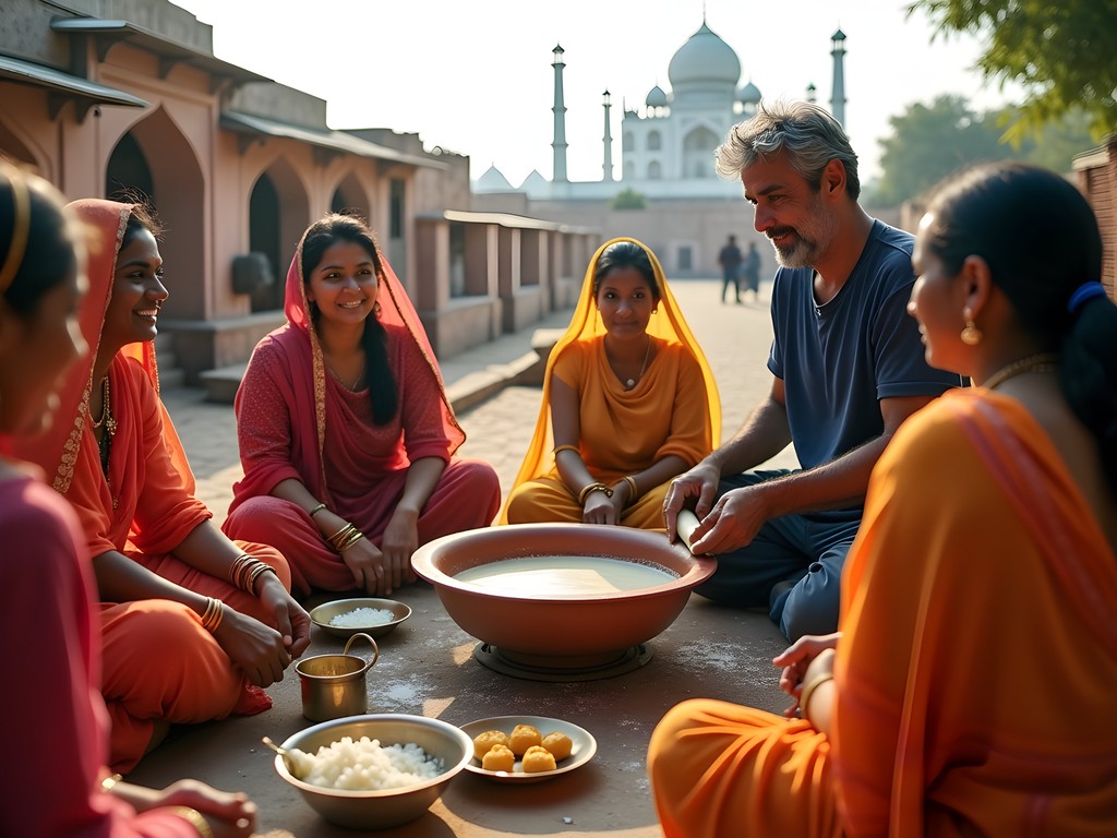 Traditional outdoor cooking class in Kachhpura village near Taj Mahal Agra India