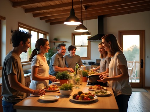 Group of friends cooking together in vacation rental kitchen in Alamogordo New Mexico