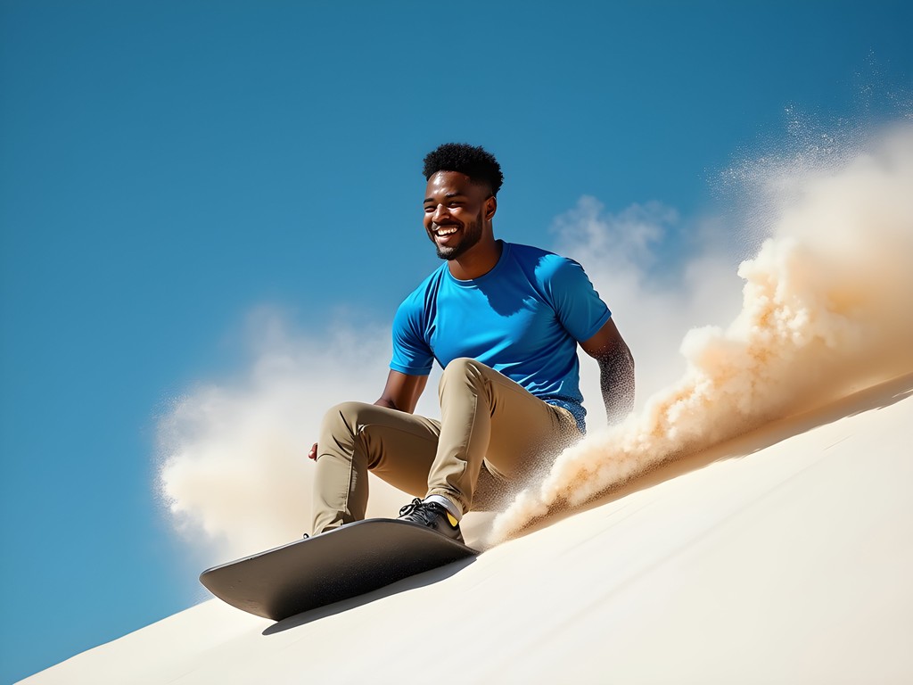 Traveler sledding down white sand dunes at White Sands National Park