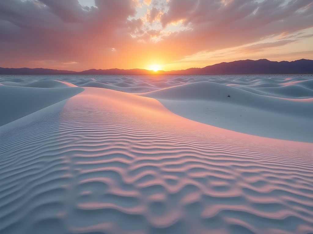 White gypsum sand dunes at sunset in White Sands National Park near Alamogordo New Mexico