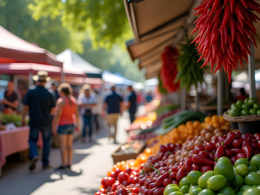 Colorful produce and chile ristras at Downtown Growers' Market in Albuquerque