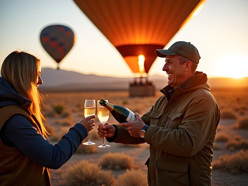 Post-flight champagne toast celebration after hot air balloon landing