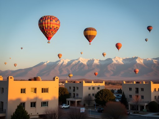 View of hot air balloons floating over Albuquerque with Sandia Mountains backdrop
