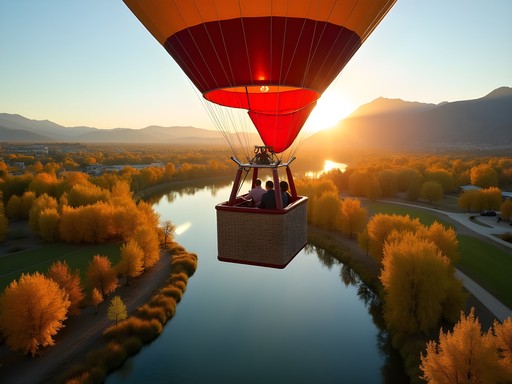 Woman enjoying hot air balloon ride over Rio Grande in Albuquerque