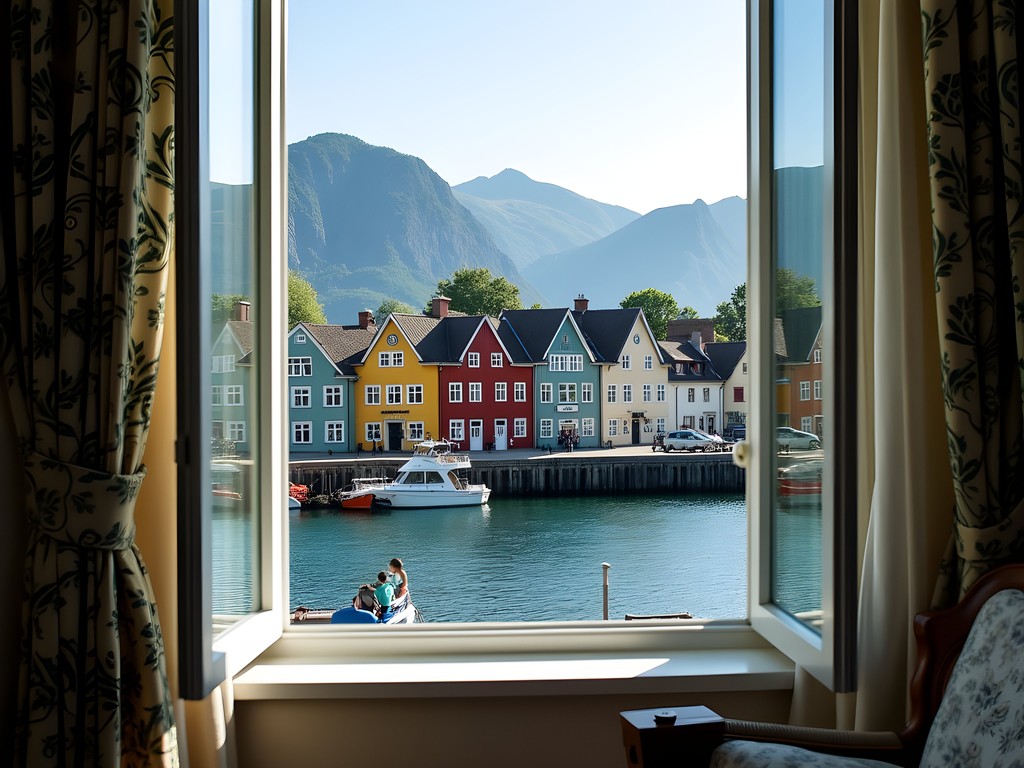 View from a waterfront apartment in Alesund showing the harbor and colorful buildings