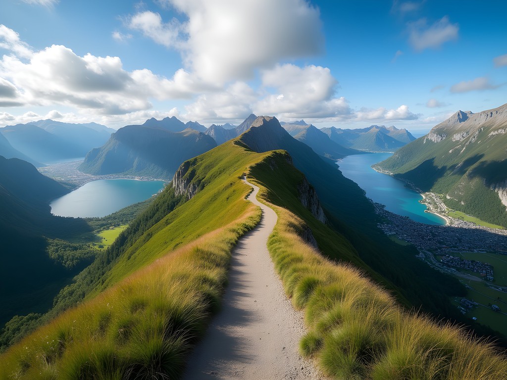 Panoramic view from the Vidden trail between Mount Ulriken and Mount Fløyen in Bergen