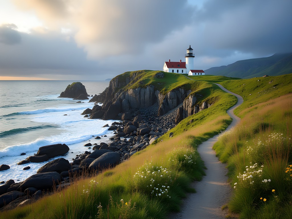 Dramatic coastal scenery along Alnes Lighthouse hiking trail on Godøy Island