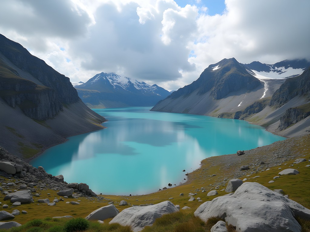 Turquoise waters of Bispevatnet Lake surrounded by rocky mountain terrain near Trollstigen