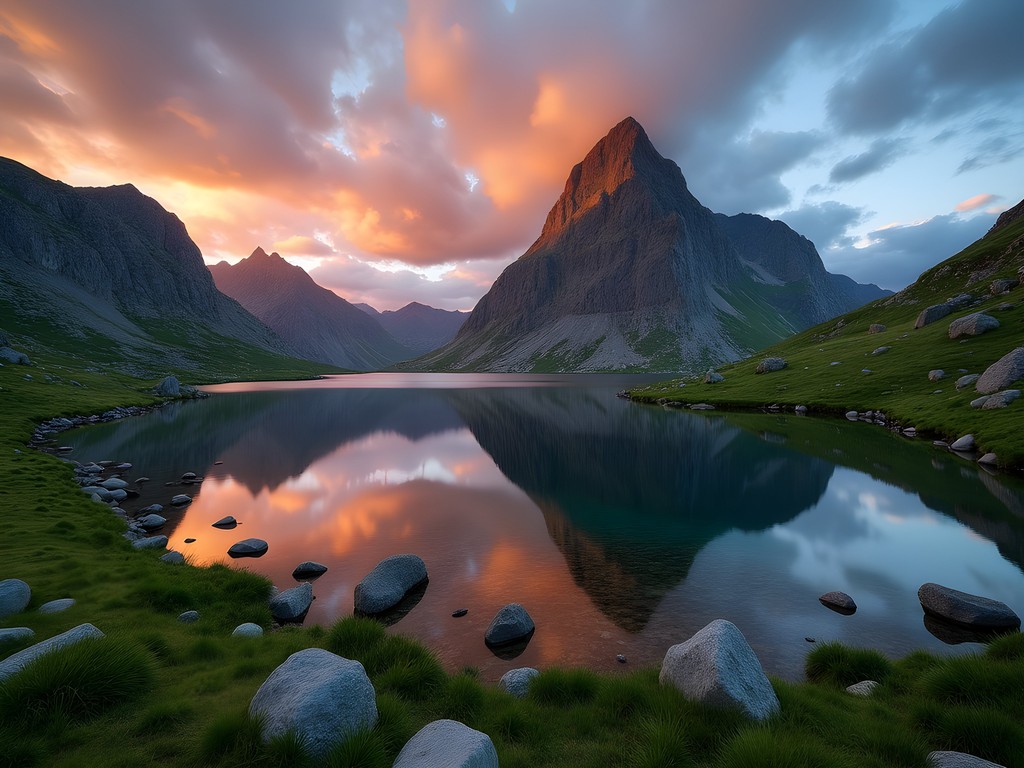 Reflection of pyramid-shaped Slogen mountain in alpine lake in Molladalen valley
