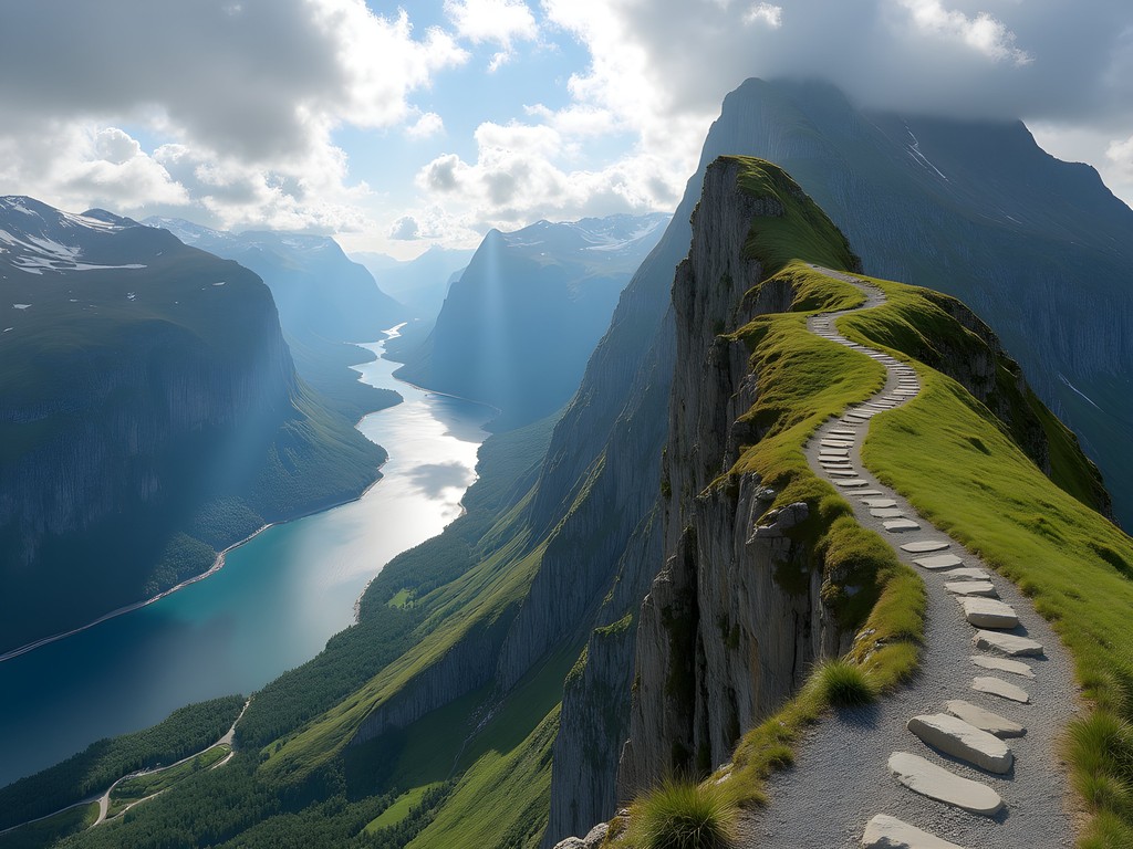 Dramatic aerial view along Romsdalseggen Ridge showing steep drops and mountain panorama