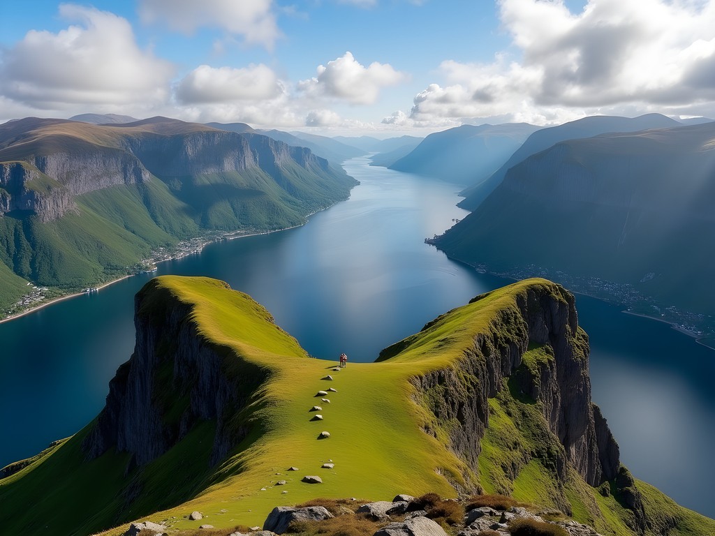 Panoramic view of Hjørundfjord from Saksa peak showing mountains and fjord waters