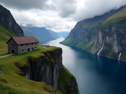 View of Geirangerfjord from historic Skageflå Farm perched on mountainside