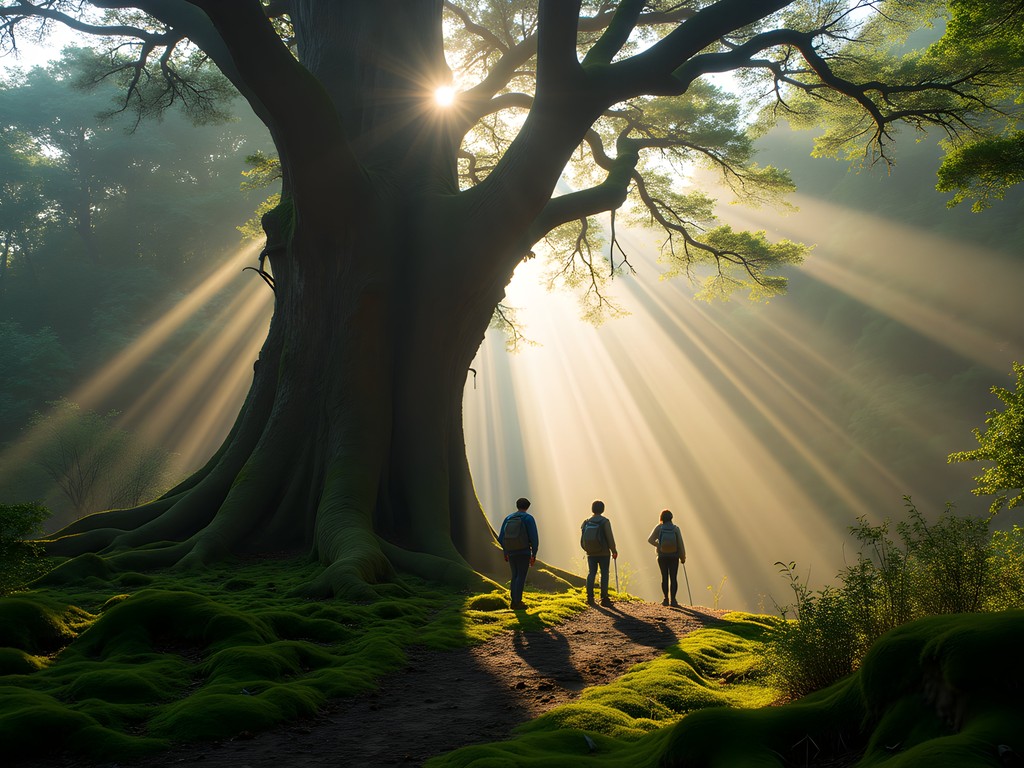 Ancient sacred cypress tree in Alishan Forest with sunbeams through morning mist