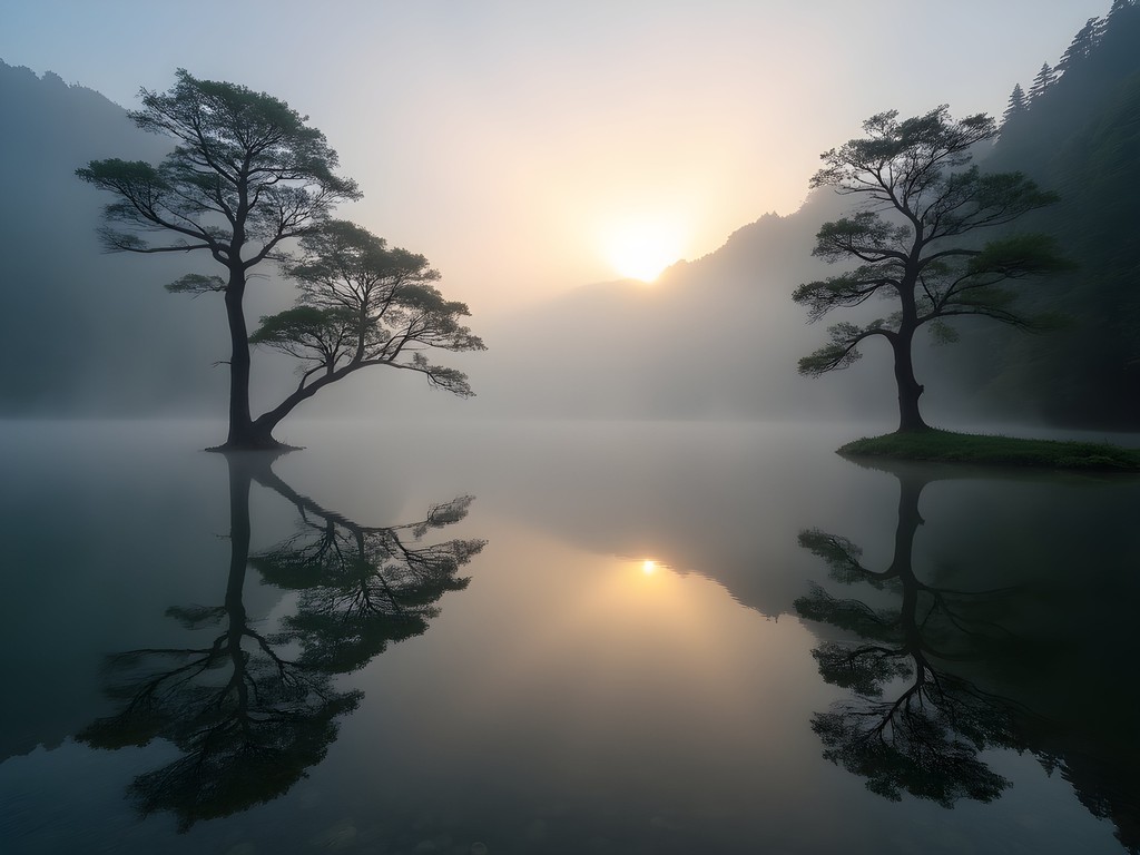 Morning mist rising from Sister Ponds in Alishan Forest with ancient cypress trees
