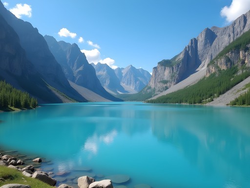 Turquoise waters of Big Almaty Lake surrounded by Tian Shan Mountains