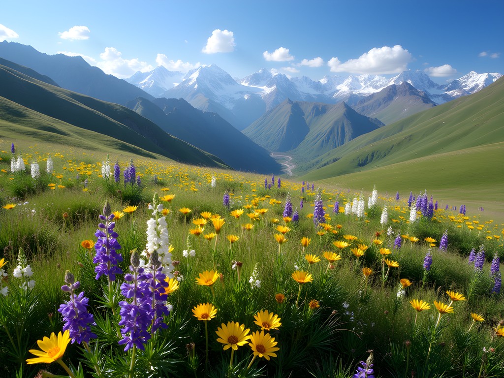 Kok-Zhailau Plateau alpine meadow with wildflowers and mountain views