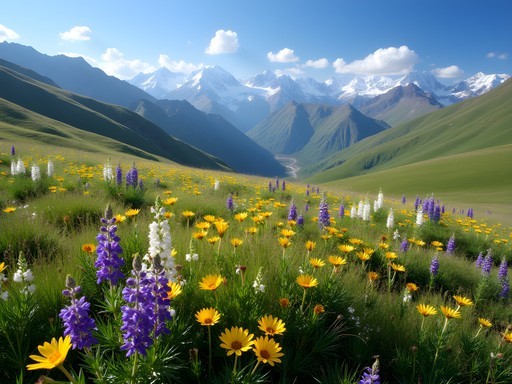 Kok-Zhailau Plateau alpine meadow with wildflowers and mountain views