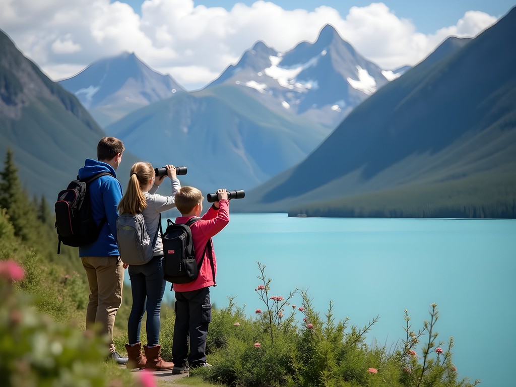 Family wildlife viewing at Turnagain Arm with mountains in background