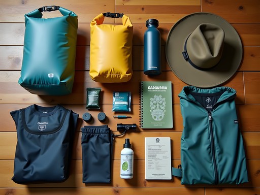 Organized display of essential gear for Angel Falls expedition including waterproof bags and quick-dry clothing