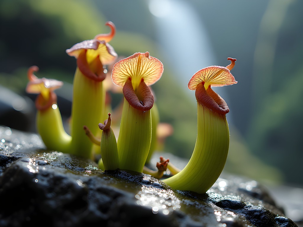 Endemic pitcher plants and orchids growing on tepui rocks near Angel Falls