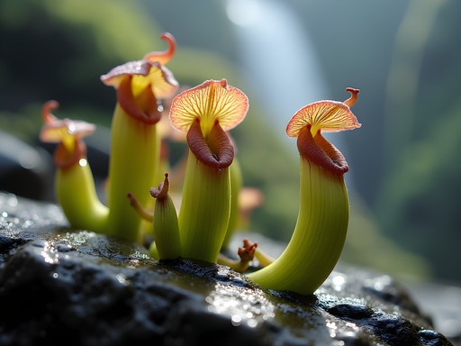 Endemic pitcher plants and orchids growing on tepui rocks near Angel Falls
