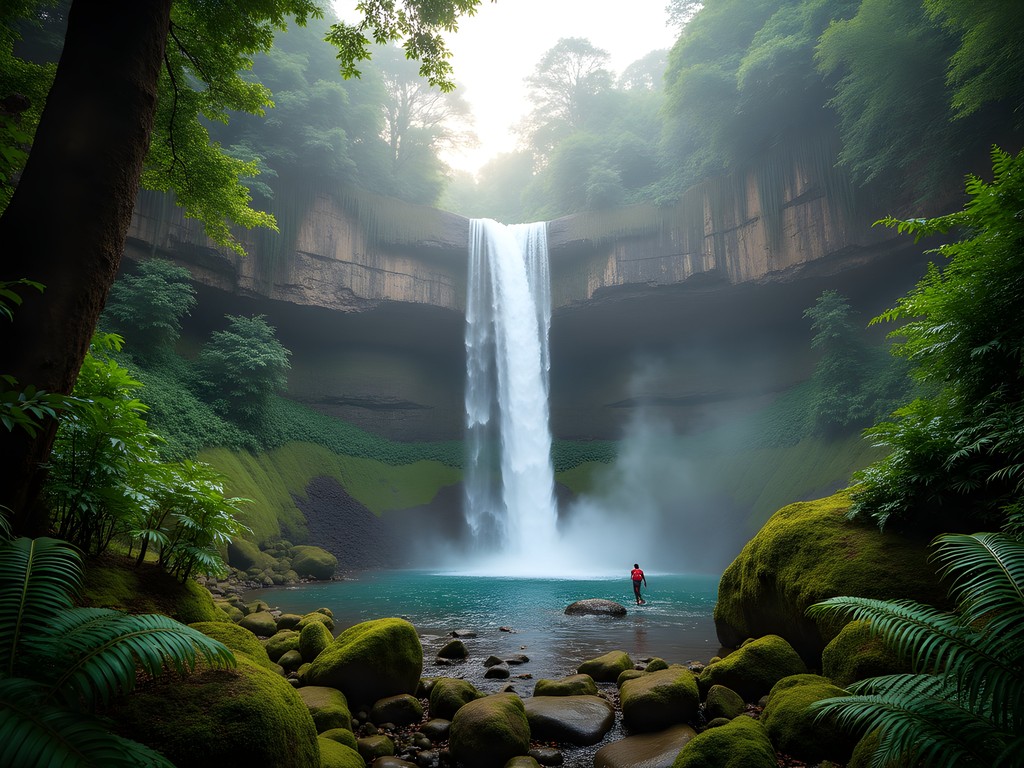 Lush waterfall in Amber Mountain National Park with hikers for scale