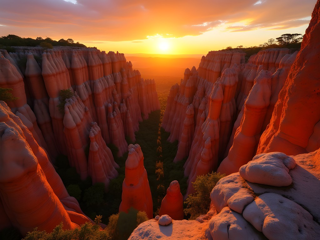 Dramatic red limestone formations of Tsingy Rouge at sunset