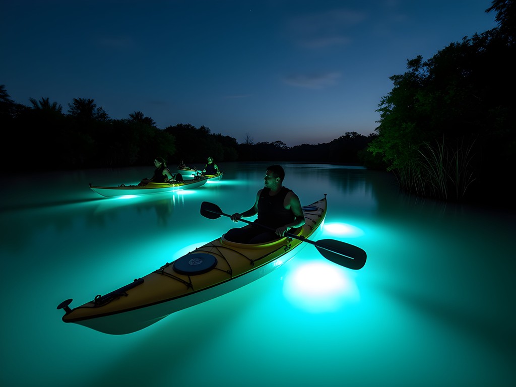 Kayakers experiencing the magical blue glow of bioluminescent waters in Arecibo lagoon