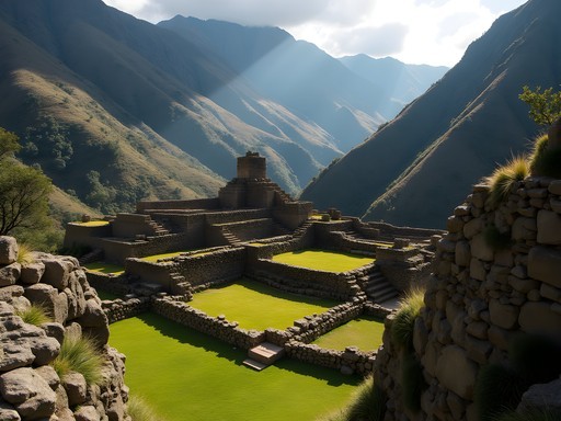 Remote Pumamarca ruins in Peru's Sacred Valley with terraced mountainsides