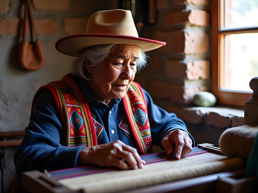Local Andean woman demonstrating traditional weaving techniques with colorful textiles in Colca Canyon village