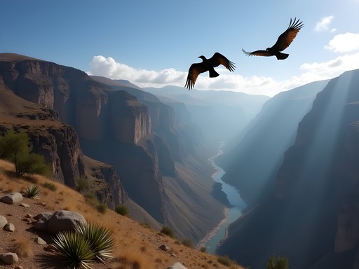 Andean condors soaring above the terraced walls of Colca Canyon
