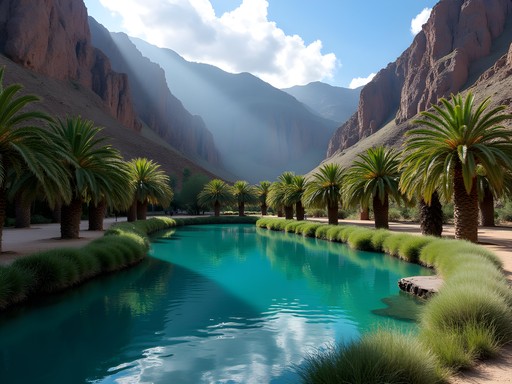 Lush green oasis of Sangalle with swimming pools surrounded by palm trees and towering canyon walls