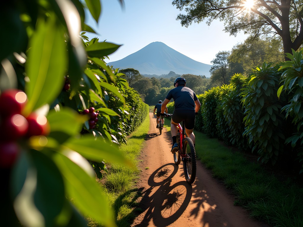 Mountain bikers on narrow trail through lush coffee plantation with Mount Meru in background