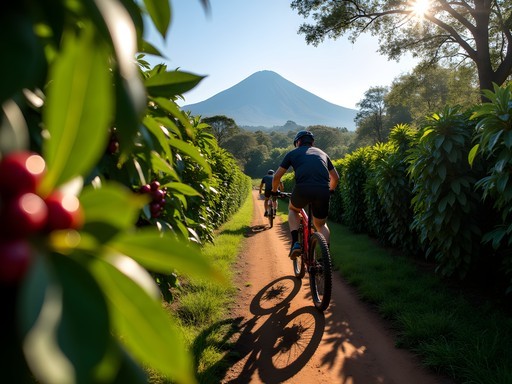 Mountain bikers on narrow trail through lush coffee plantation with Mount Meru in background