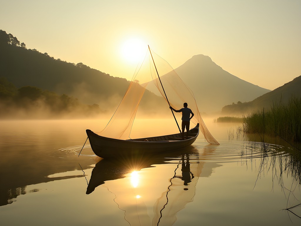 Traditional fishing canoe on misty Lake Duluti with Mount Meru in background