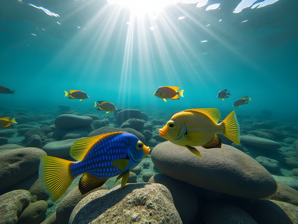 Underwater view of colorful endemic cichlid fish among rocks in crystal clear waters of Lake Tanganyika