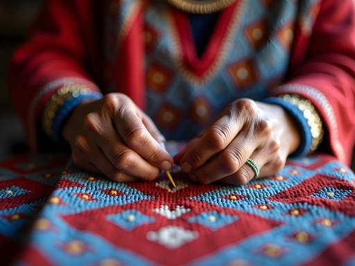 Close-up of Maasai woman creating intricate beadwork with traditional patterns