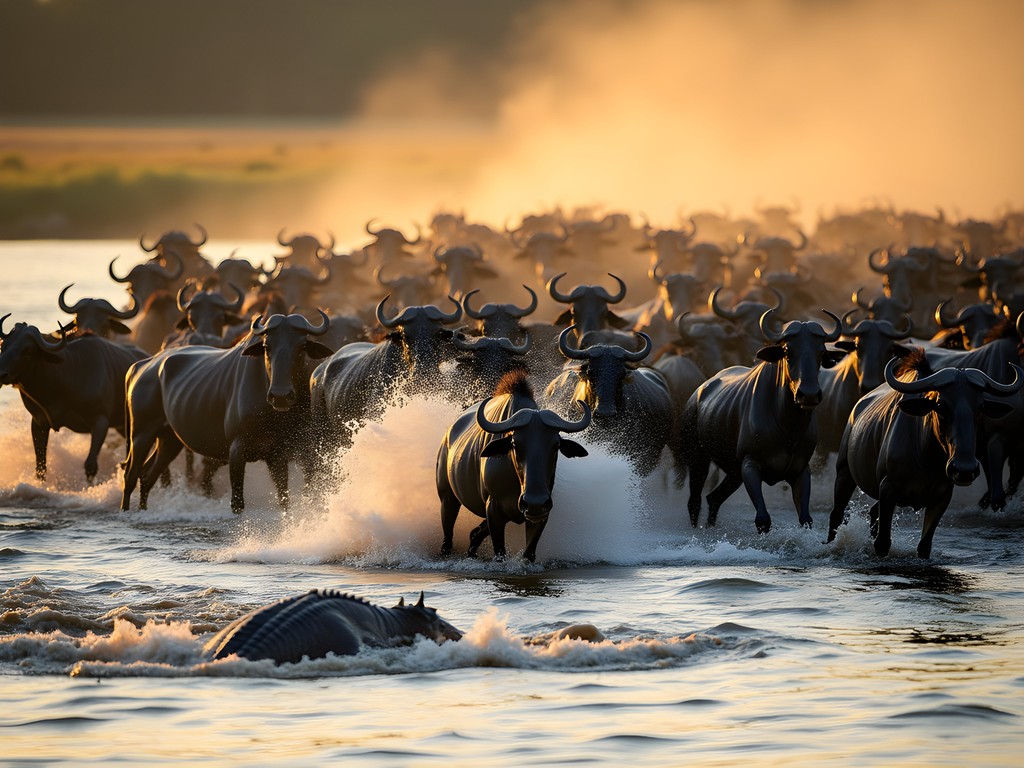 Dramatic wildebeest river crossing at Mara River with splashing water and crocodiles