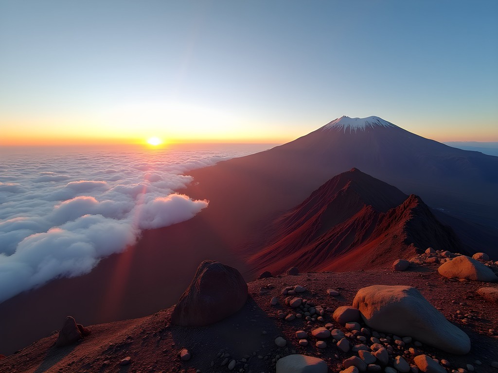 Sunrise view of Mount Kilimanjaro from Mount Meru summit