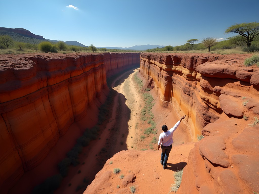 Distinct geological layers visible in Olduvai Gorge with researcher for scale