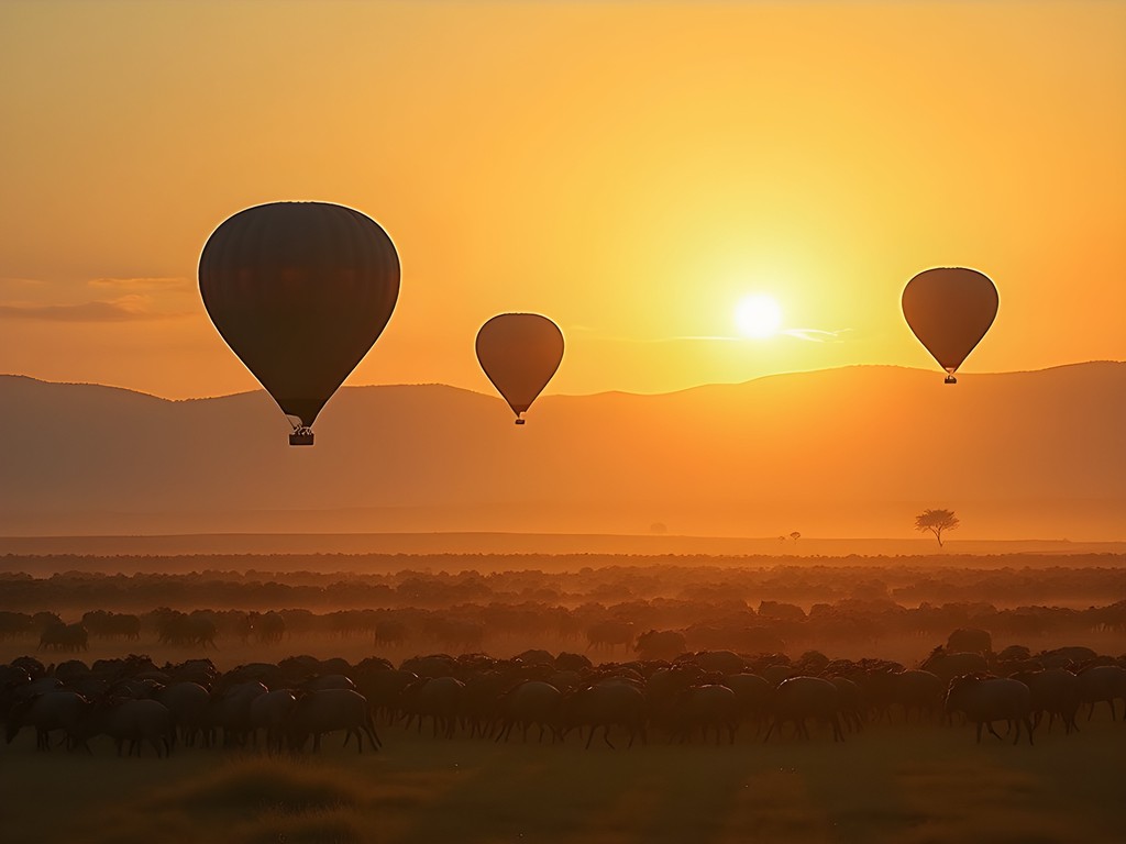Hot air balloon floating over Serengeti plains at sunrise with wildebeest migration below